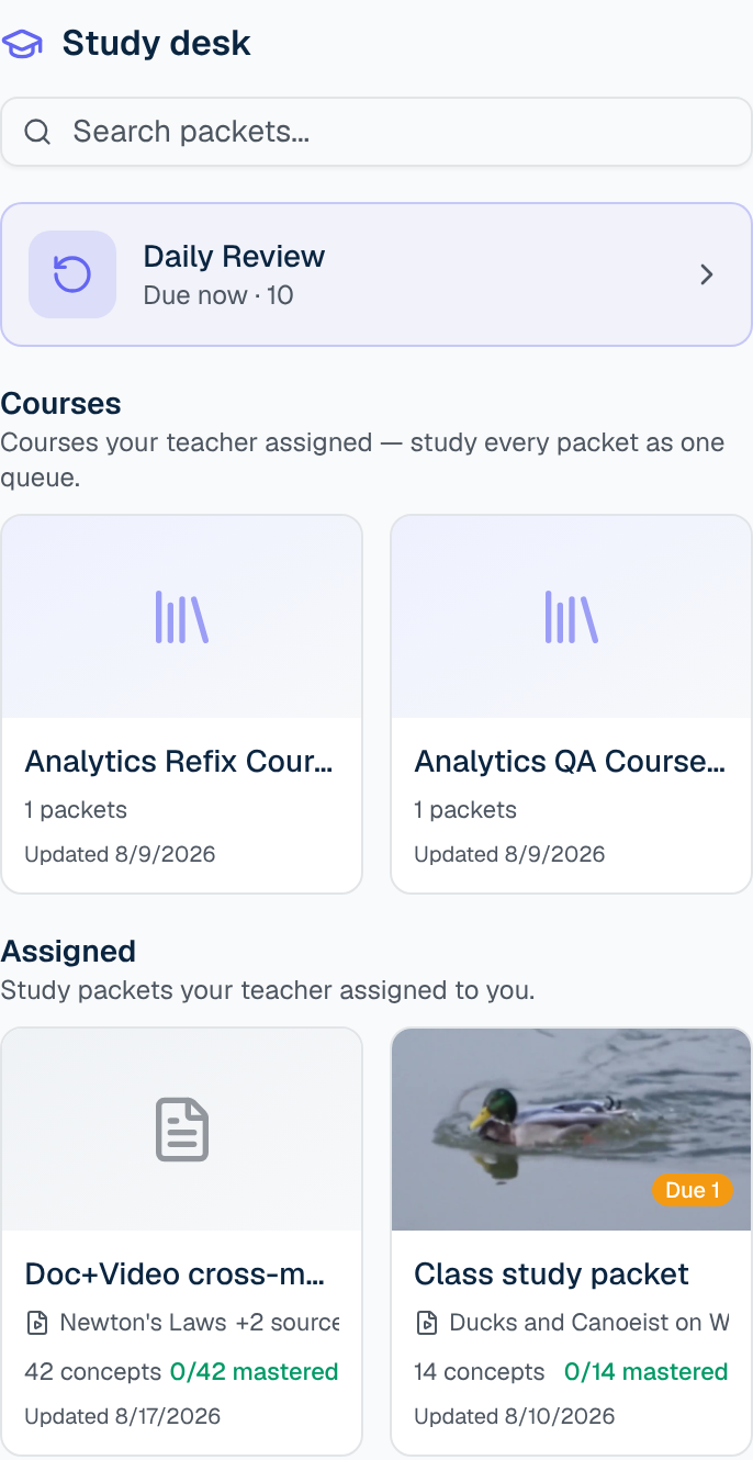 Study Desk showing assigned packets and the Daily Review card